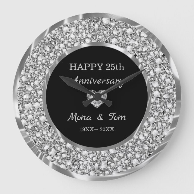 Reloj Redondo Grande Diamantes plateados y corazón (Anverso)