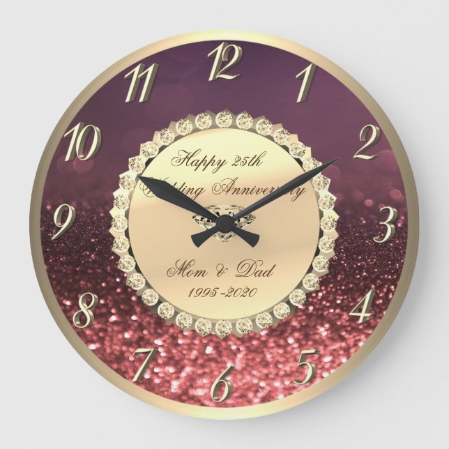 Reloj Redondo Grande Diamantes,Rosa Bokeh 25° aniversario Boda (Anverso)