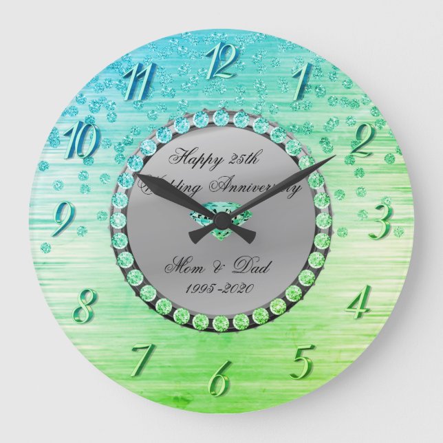 Reloj Redondo Grande Diamantes Verdes Elegantes 25 Aniversario de Boda (Anverso)