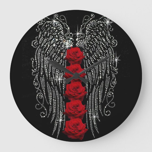 Reloj Redondo Grande Diamond Angel Wings & Red Roses (Anverso)