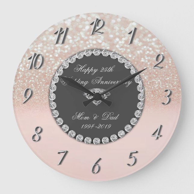 Reloj Redondo Grande Diamonds Glitter Bokeh 25th Wedding Anniversary (Anverso)