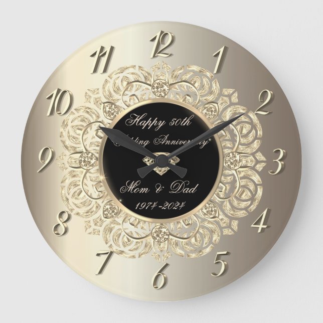 Reloj Redondo Grande Diamonds Swirls Champagne 50 aniversario Boda (Anverso)
