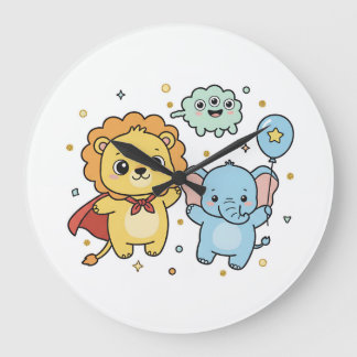 Reloj Redondo Grande Dibujo animado de amigos león y elefante superhéro