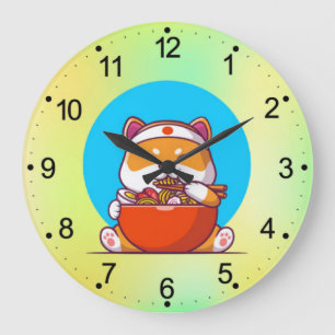 Reloj Redondo Grande Dibujo animado de Shiba Inu lindo comiendo fideos
