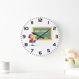 Reloj Redondo Grande Dibujo Animado Divertido de una Profesora de Bienv