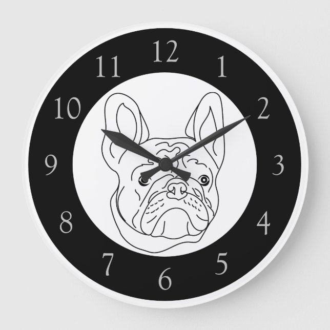 Reloj Redondo Grande Dibujo de Bulldog francés blanco negro (Anverso)