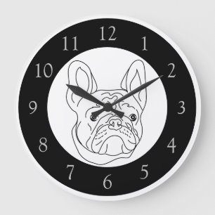 Reloj Redondo Grande Dibujo de Bulldog Francés Blanco y Negro