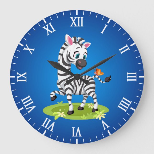 Reloj Redondo Grande Dibujo de cebra bebé con mariposa-23960 (Anverso)