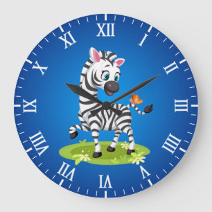 Reloj Redondo Grande Dibujo de cebra bebé jugando con mariposa