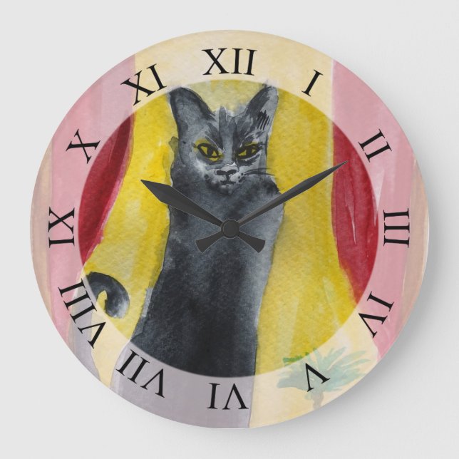 Reloj Redondo Grande Dibujo de gato negro (Anverso)
