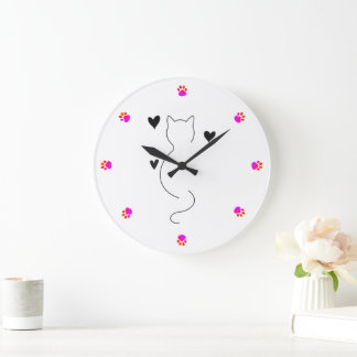 Reloj Redondo Grande Dibujo de línea de gato lindo, con tres corazones