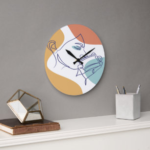 Reloj Redondo Grande dibujo de líneas poster de la mujer tomando café