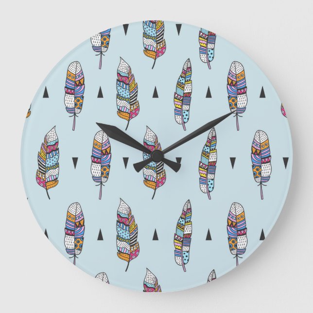 Reloj Redondo Grande Dibujo de mano de pluma estilo boho (Anverso)