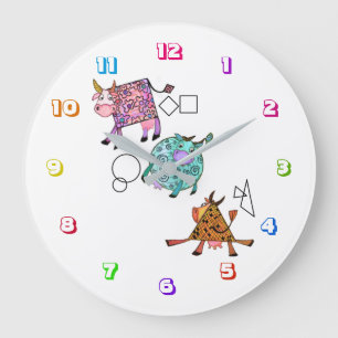 Reloj Redondo Grande Dibujo de Personalizado de vacas cómicas geométric