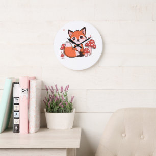 Reloj Redondo Grande Dibujo de zorro Kawaii lindo con hongos