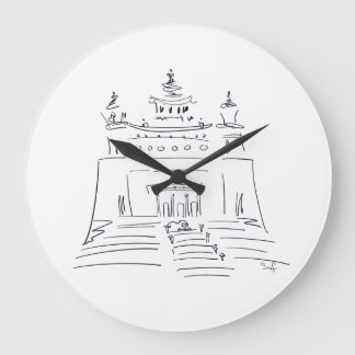 Reloj Redondo Grande Dibujo esquemático de un templo budista