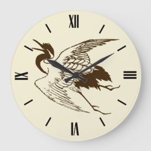 Reloj Redondo Grande Dibujo japonés vintage de una grúa, marrón