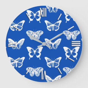 Reloj Redondo Grande Dibujo mariposa, azul cobalto y blanco