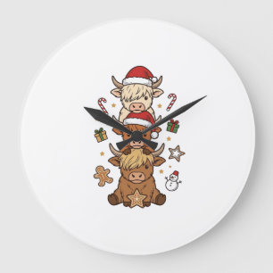 Reloj Redondo Grande Dibujo vintage de Navidad de vaca de las Highlands