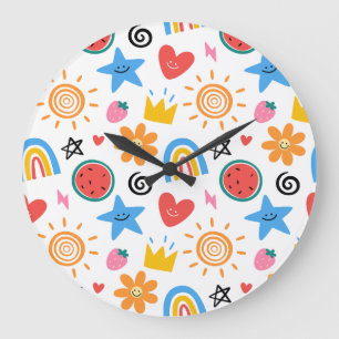 Reloj Redondo Grande Dibujos Lindos de Verano Patrón Continuo Caprichos