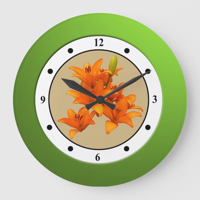 Reloj Redondo Grande Dígitos modernos de flores Naranja floral (Anverso)