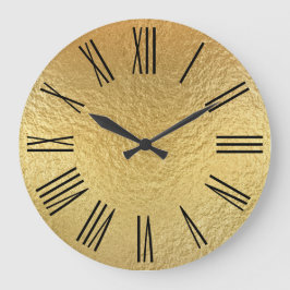 Reloj Redondo Grande Dígitos romanos negros de oro falso brillante
