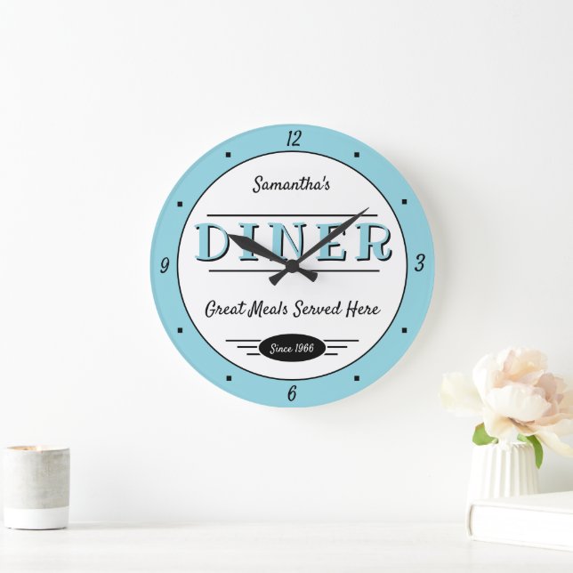 Reloj Redondo Grande Diner Any Name Date Retro Robin Egg Blue Black (Hogar)