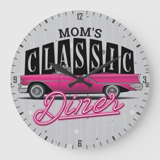 Reloj Redondo Grande Diner, nombre personalizado de mamá, auto clásico  (Anverso)