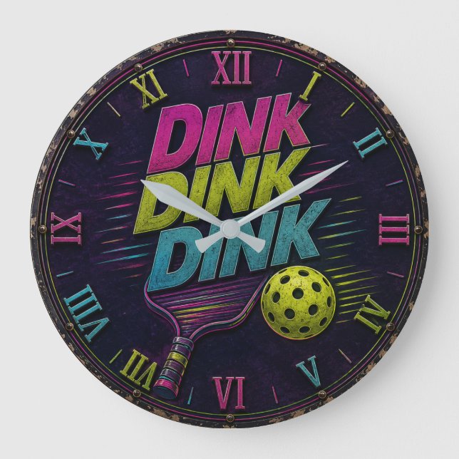 Reloj Redondo Grande Dink Dink Dink Pickleball Retro Neon (Anverso)