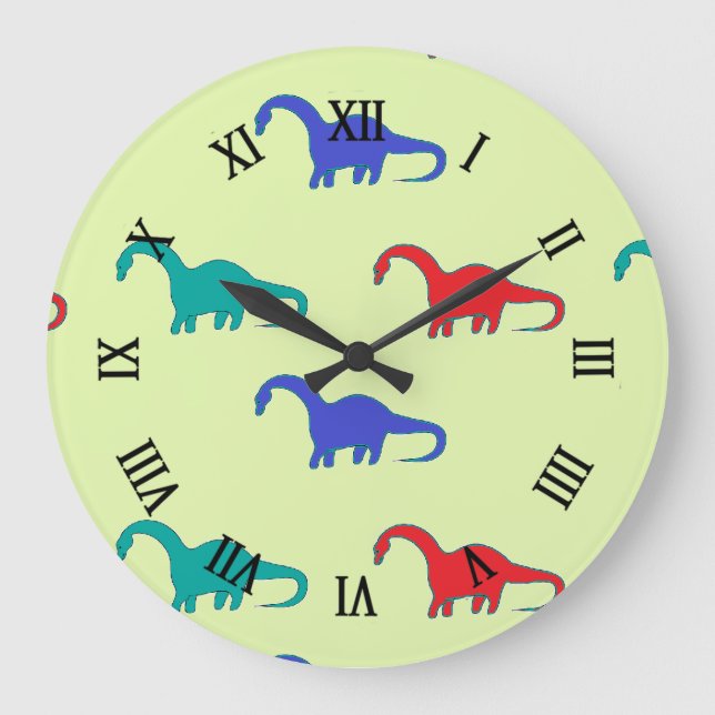 Reloj Redondo Grande Dino colorido sobre verde (Anverso)