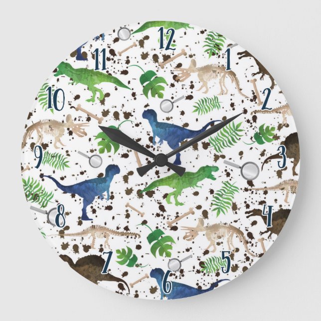 Reloj Redondo Grande Dinosaur Hunt! Dinosaurs on Safari Boys Kids (Anverso)