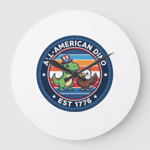 Reloj Redondo Grande Dinosaur Kawaii Patriótico Todo Americano DINO EST