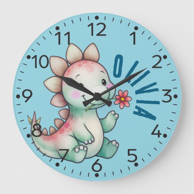 Reloj Redondo Grande Dinosaurio Cute personalizado, estegosaurios, relo (Anverso)