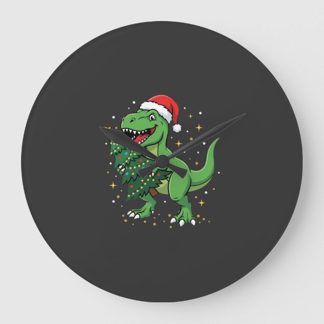 Reloj Redondo Grande Dinosaurio de Navidad Santa T Rex (Anverso)