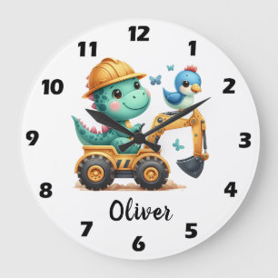 Reloj Redondo Grande Dinosaurio de Trex Cute que conduce un vehículo de