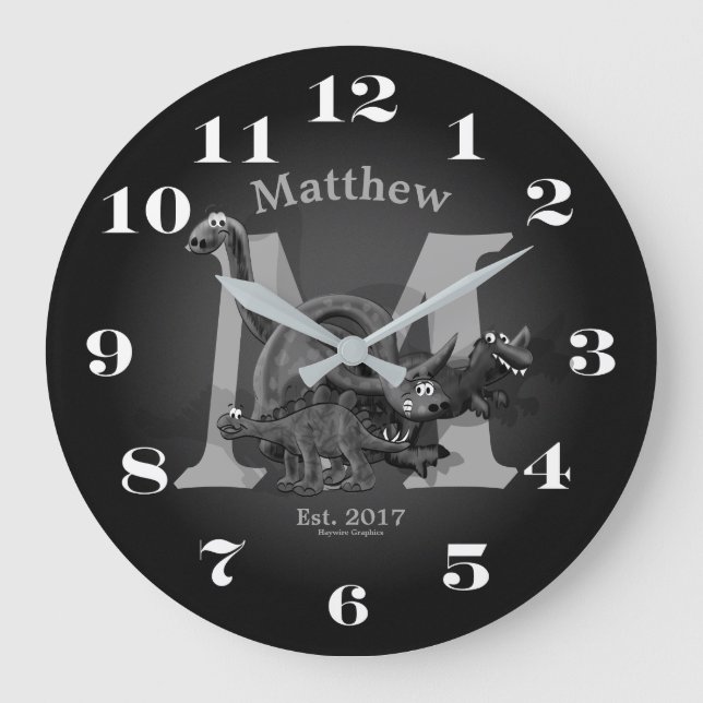 Reloj Redondo Grande Dinosaurio inicial y fecha (Anverso)