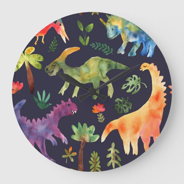 Reloj Redondo Grande Dinosaurios florales: Diseño de tela acuarela (Anverso)