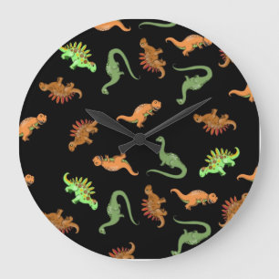 Reloj Redondo Grande Dinosaurios lindos en fondo negro