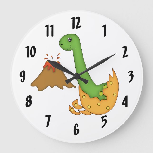 Reloj Redondo Grande Dinosaurios Naranjas y volcán/grandes números (Anverso)
