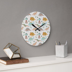 Reloj Redondo Grande Dinosaurios Niños Dibujados a Mano Boho Dormitorio