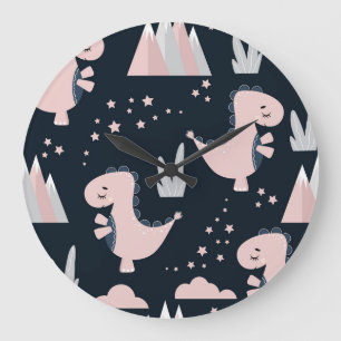 Reloj Redondo Grande Dinosaurios rosados, fondo oscuro, lindo