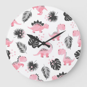 Reloj Redondo Grande Dinosaurios rosados: Patrón de niños.