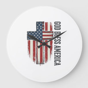 Reloj Redondo Grande Dios bendiga a América Diseño de cruz patriótica v