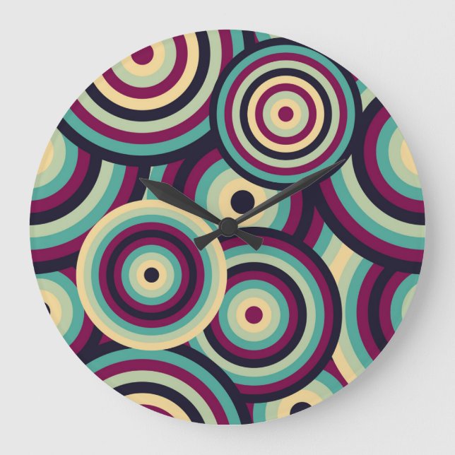 Reloj Redondo Grande Discos retro azul púrpura, patrón abstracto. (Anverso)