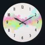 Reloj Redondo Grande Diseño abstracto colorido de manchas de agua<br><div class="desc">Un reloj con un alegre diseño abstracto de aspecto único creado con acuarelas. Un arcoiris de colores salpicado por el lienzo con colores veraniegos como amarillo, verde, turquesa, rosa y más. Círculos y salpicaduras bailan a través de la página en una línea horizontal sobre un fondo de color crema. La...</div>