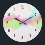 Reloj Redondo Grande Diseño abstracto colorido de manchas de agua<br><div class="desc">Un reloj con un alegre diseño abstracto de aspecto único creado con acuarelas. Un arcoiris de colores salpicado por el lienzo con colores veraniegos como amarillo, verde, turquesa, rosa y más. Círculos y salpicaduras bailan a través de la página en una línea horizontal sobre un fondo de color crema. La...</div>