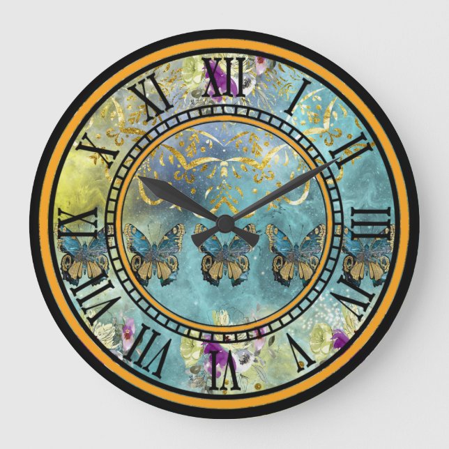 Reloj Redondo Grande Diseño abstracto con mariposas y flores (Anverso)