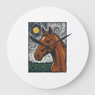 Reloj Redondo Grande Diseño de arte de caballo grabado vintage noche es