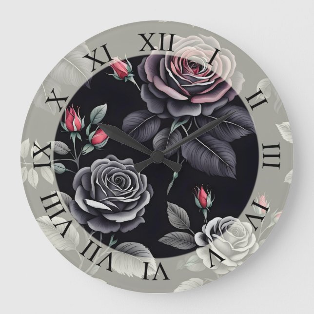 Reloj Redondo Grande Diseño de arte floral para Rosas de Rubor oscuros (Anverso)