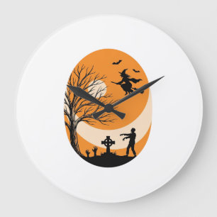 Reloj Redondo Grande Diseño de bruja de Halloween vintage luna cementer
